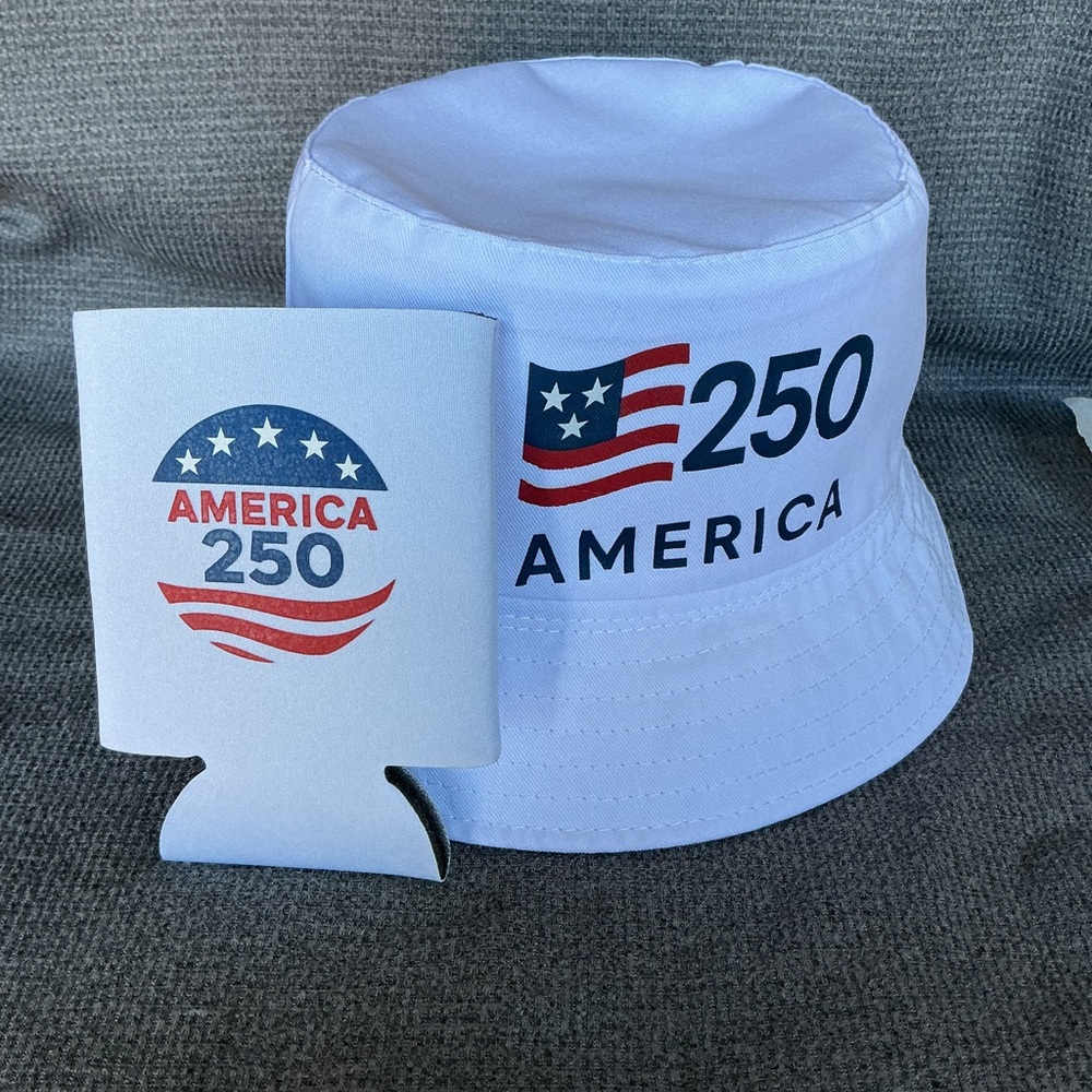 America 250 Bucket Hat & Koozie • USA Semiquincentennial 250th Anniversary Gear